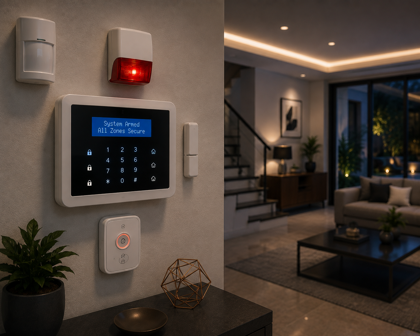 Door and window intrusion sensor with a wall-mounted alarm keypad in a home hallway